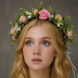 Floral Pink and Green Hair Wreath Flower Rose Princess Crown
